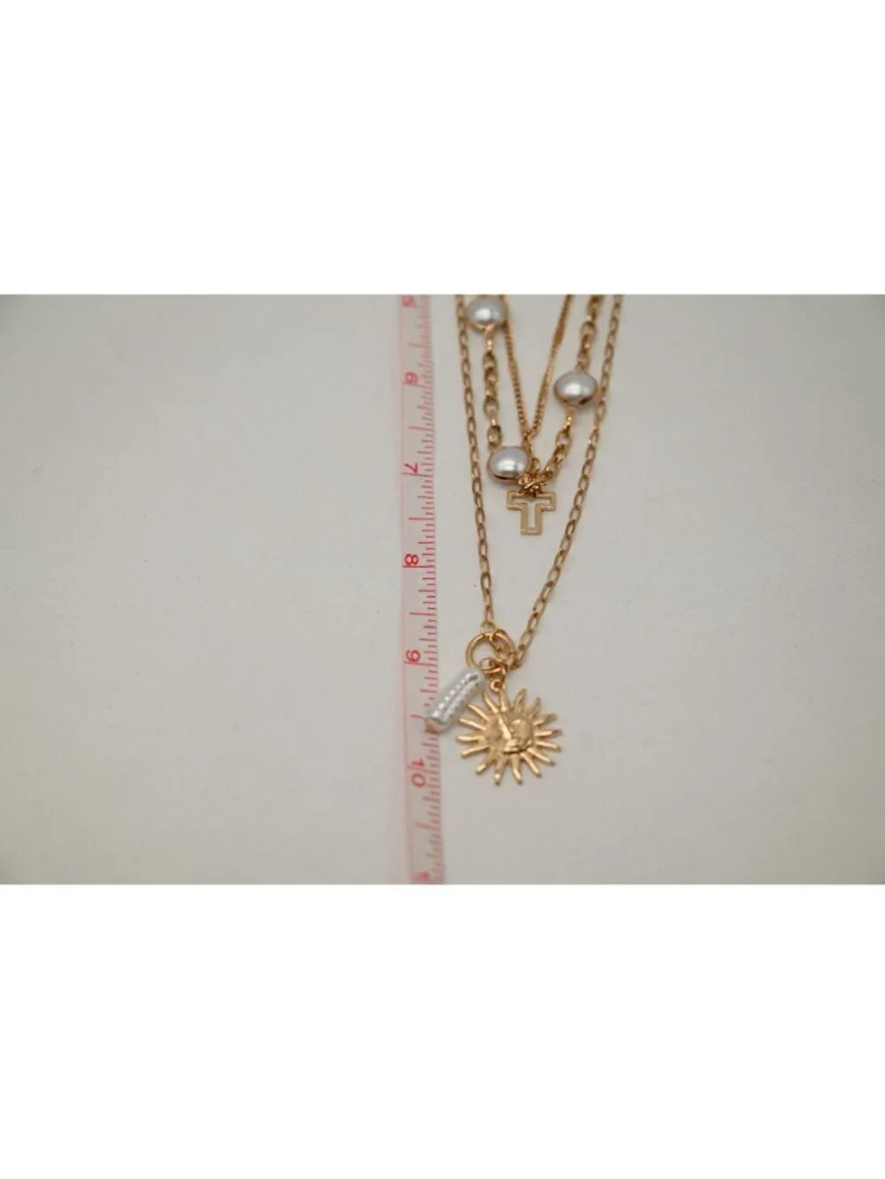 NWT Josslyn Multi Pearl Layer Pearl Sun Cross Charm Necklace Gold Tone Stack